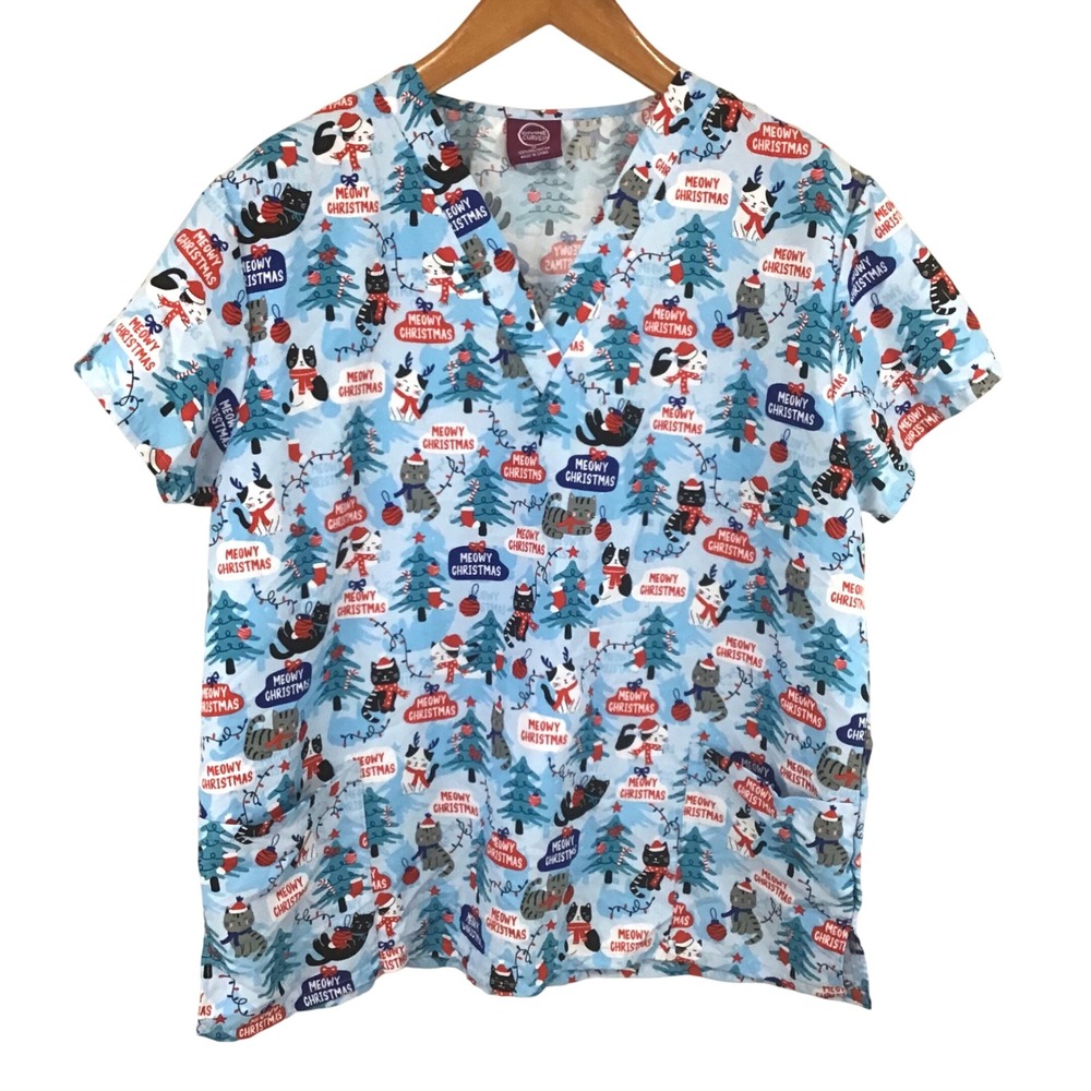 Divine Curves Meowy Christmas Cat Scrub Top Blue V-Neck Plus Size 1X Holiday